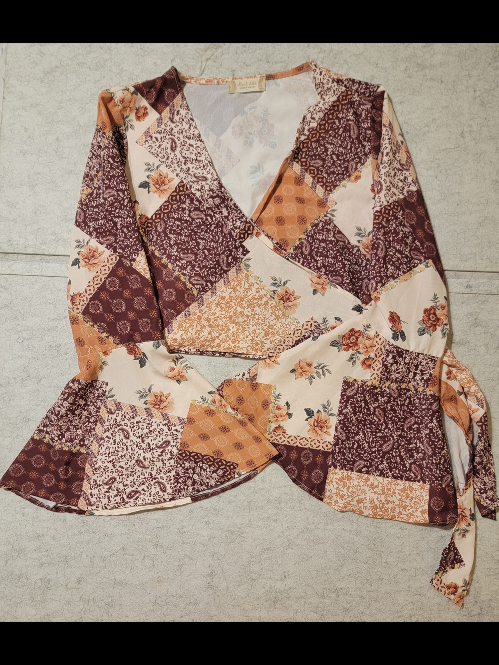 Altar'd State Patchwork Floral Bell Sleeve Wrap Crop Top Boho Medium